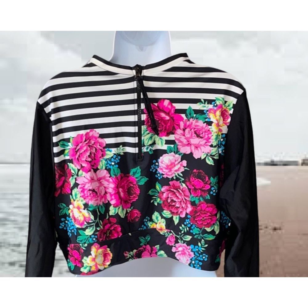 Torrid Black Swim Shirt Women 3X stripes Pink Flowers - Picture 3 of 5
